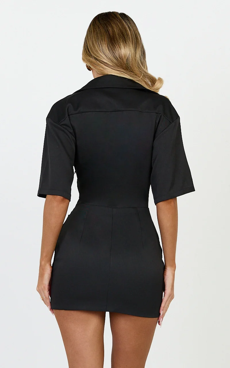 Leora Mini Dress - Button Front Draped Cowl Waist Dress in Black