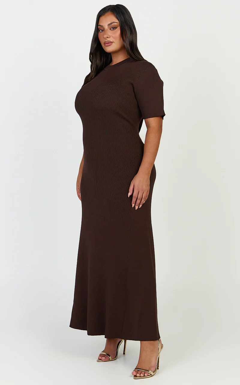 Lanie Midi Dress - Knitted Crew Neck Short Sleeve Dress in Chocolate