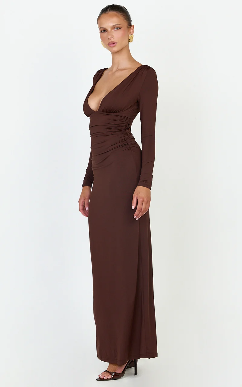 Juniper Maxi Dress - V Neckline Long Sleeve Gathered Detail Dress in Dark Chocolate
