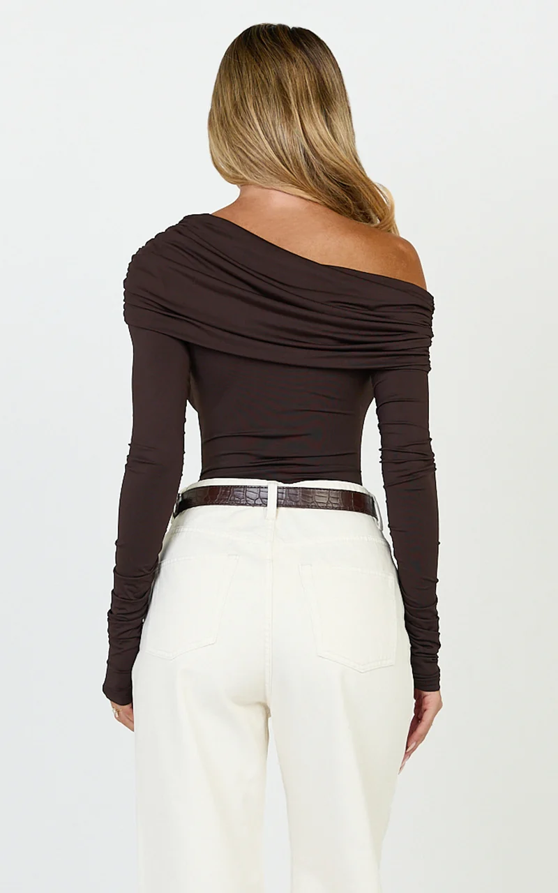 Hallie Bodysuit - One Shoulder Draped Long Sleeve Bodysuit in Chocolate