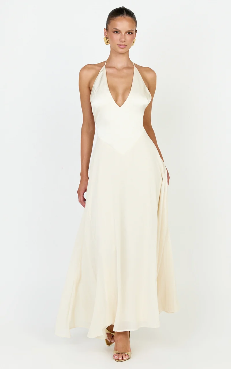 Skye Midi Dress - Deep V Neck Shift Dress in Butter