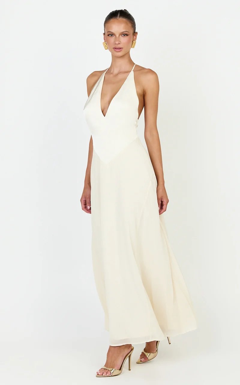 Skye Midi Dress - Deep V Neck Shift Dress in Butter