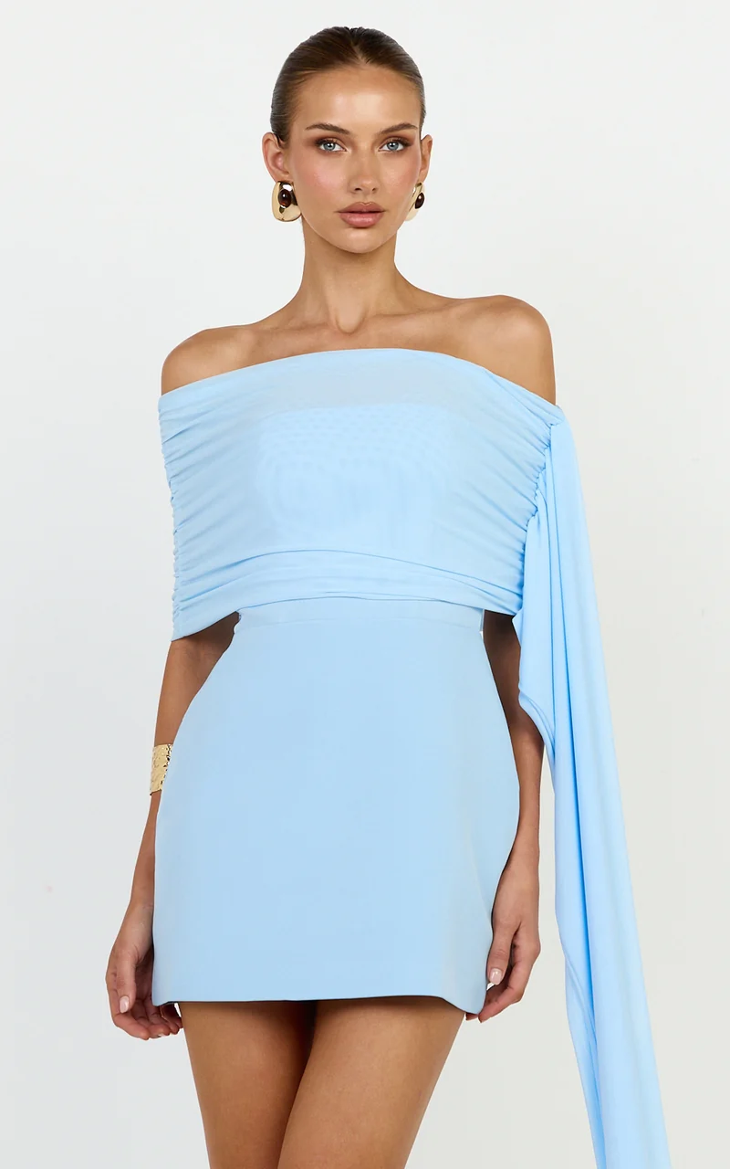 Elina Mini Dress - Off Shoulder Contrast Mesh Draped Overlay Dress in Blue