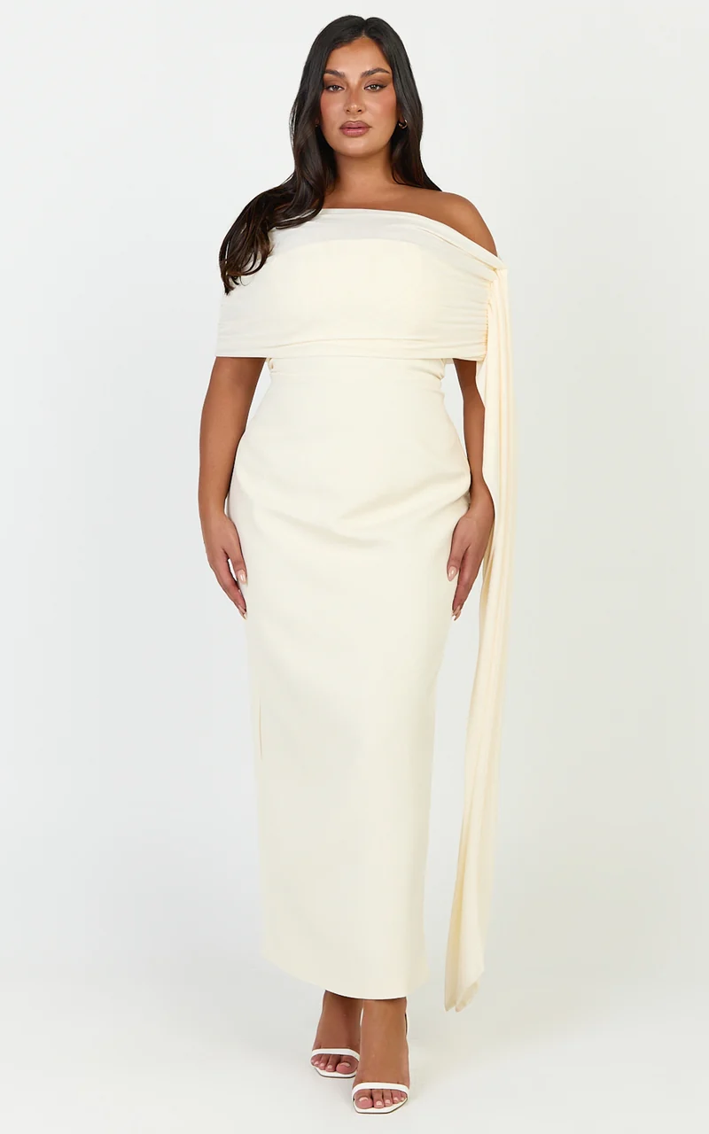 Elina Maxi Dress - Off Shoulder Contrast Mesh Draped Overlay Dress in Cream