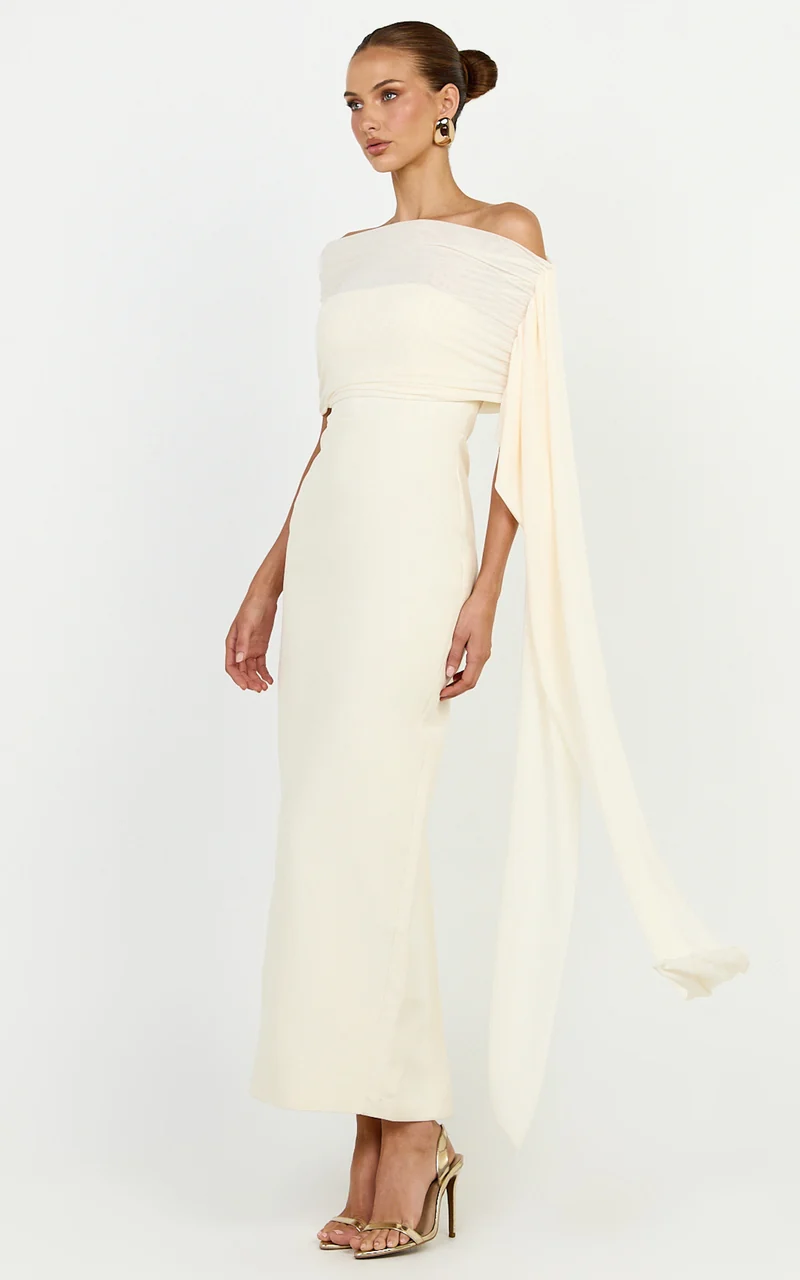 Elina Maxi Dress - Off Shoulder Contrast Mesh Draped Overlay Dress in Cream
