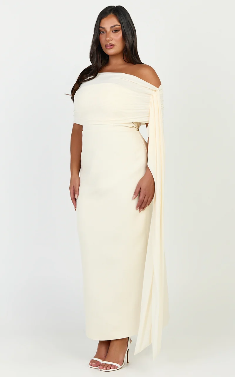 Elina Maxi Dress - Off Shoulder Contrast Mesh Draped Overlay Dress in Cream