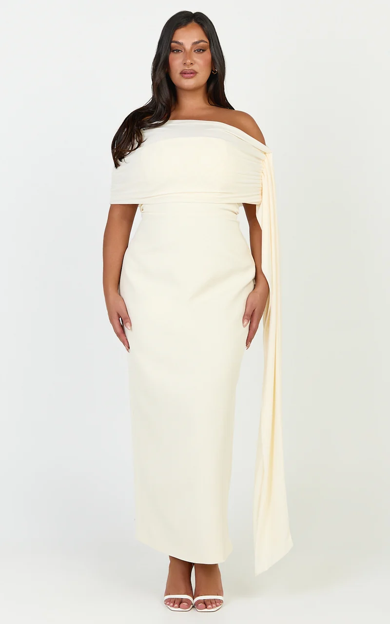 Elina Maxi Dress - Off Shoulder Contrast Mesh Draped Overlay Dress in Cream