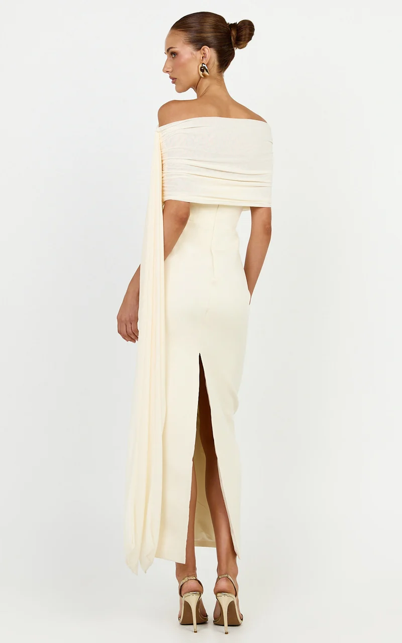 Elina Maxi Dress - Off Shoulder Contrast Mesh Draped Overlay Dress in Cream