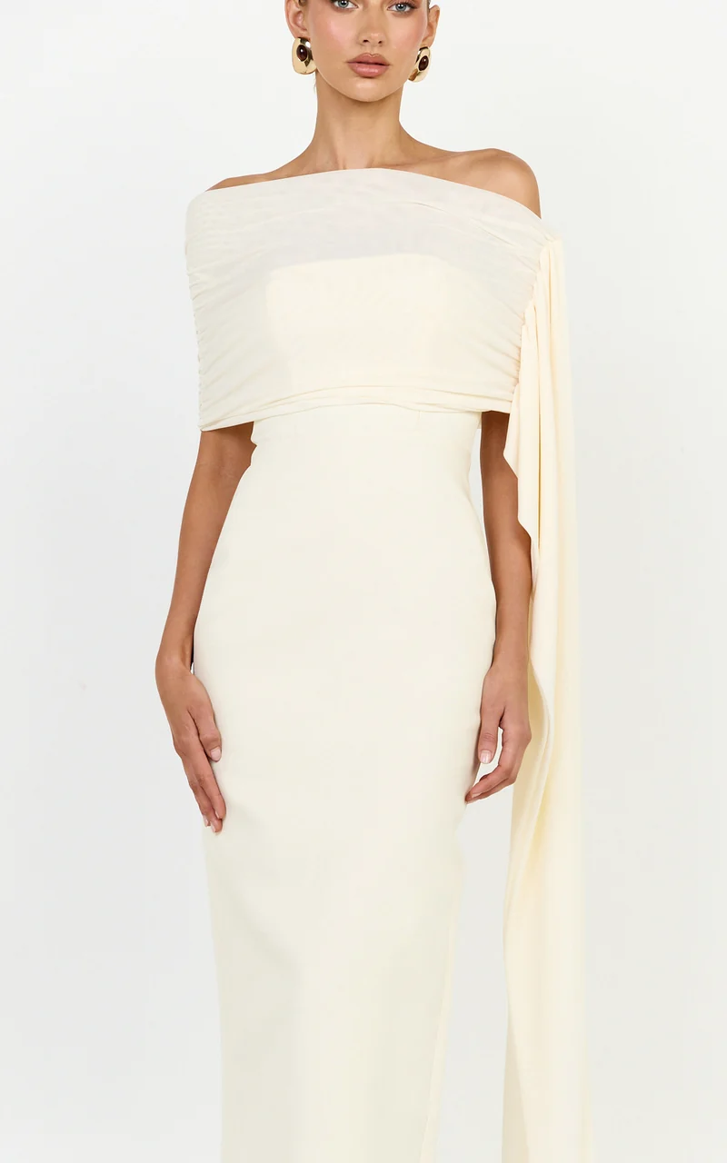 Elina Maxi Dress - Off Shoulder Contrast Mesh Draped Overlay Dress in Cream