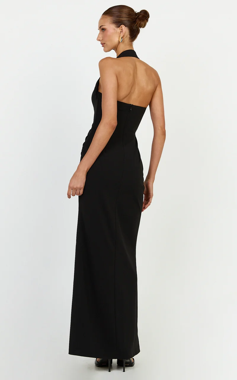 Kai Maxi Dress - Halter Neck High Split Dress in Black