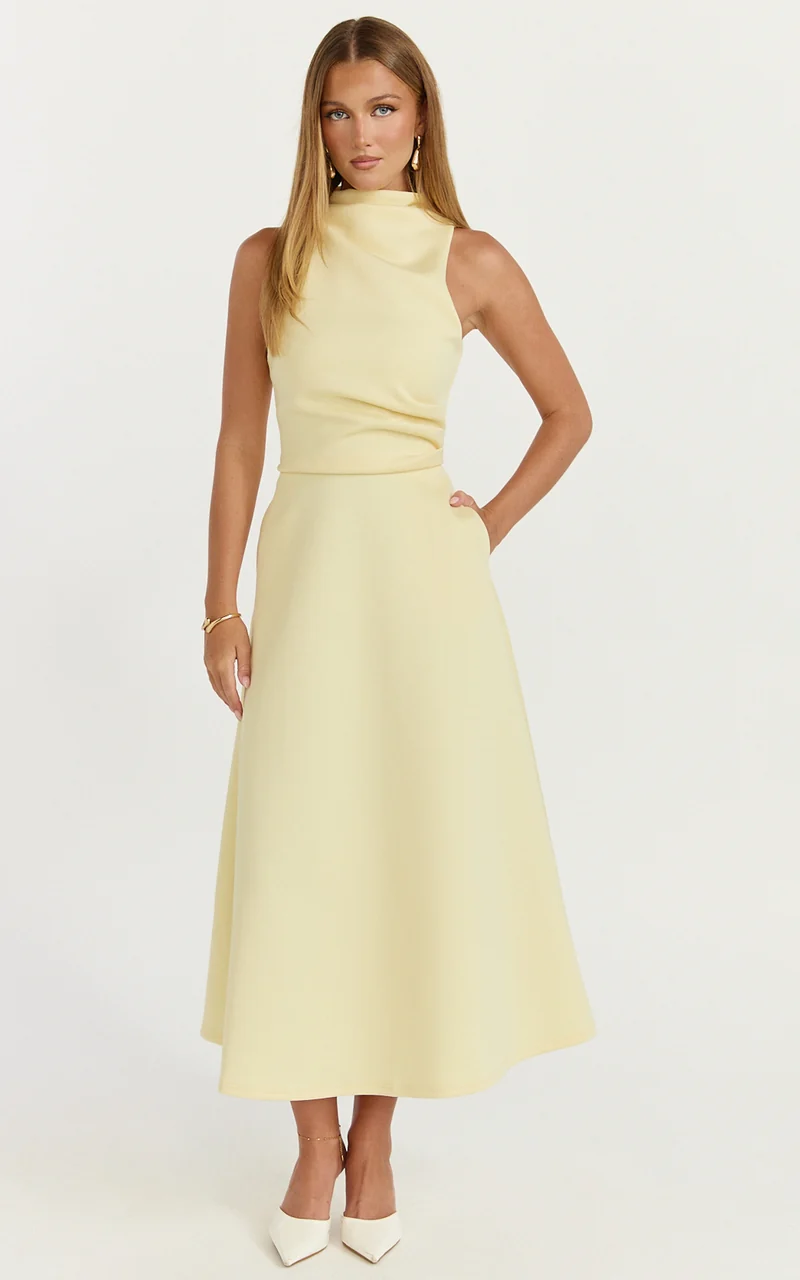 Macy Midi Dress - High Neck A Line Dress in Lemon