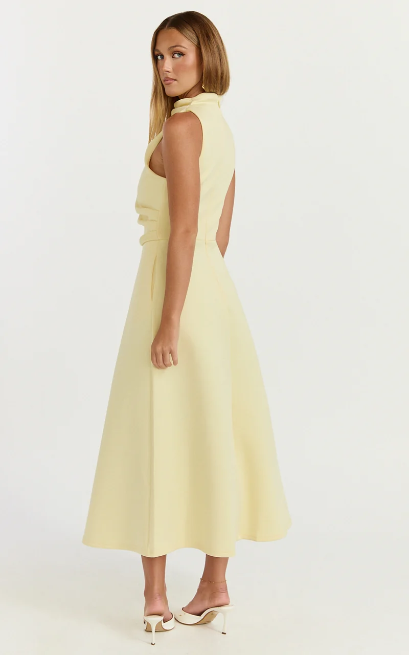 Macy Midi Dress - High Neck A Line Dress in Lemon