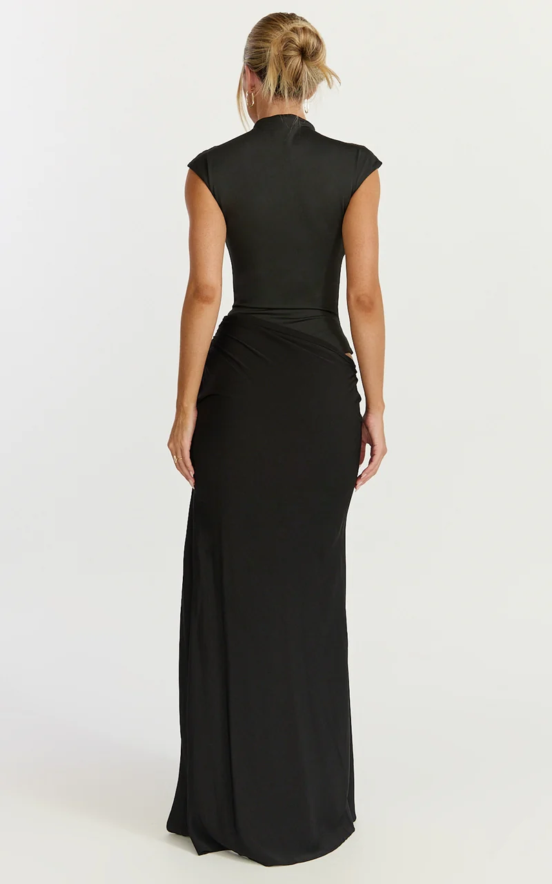 Grace Maxi Dress - Cap Sleeve Asymmetric Split Dress in Black