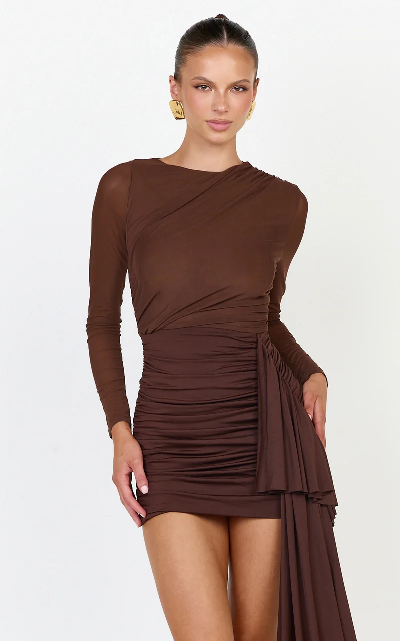 Jasmine Mini Dress - Long Sleeve Draped Skirt Overlay Dress in Chocolate