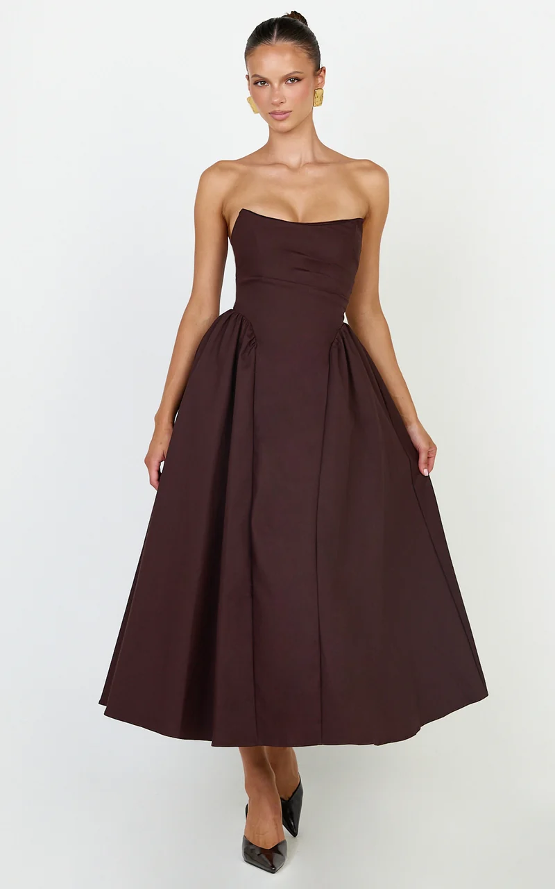 Amara Midi Dress - Strapless Fit And Flare Dress in Chocolate