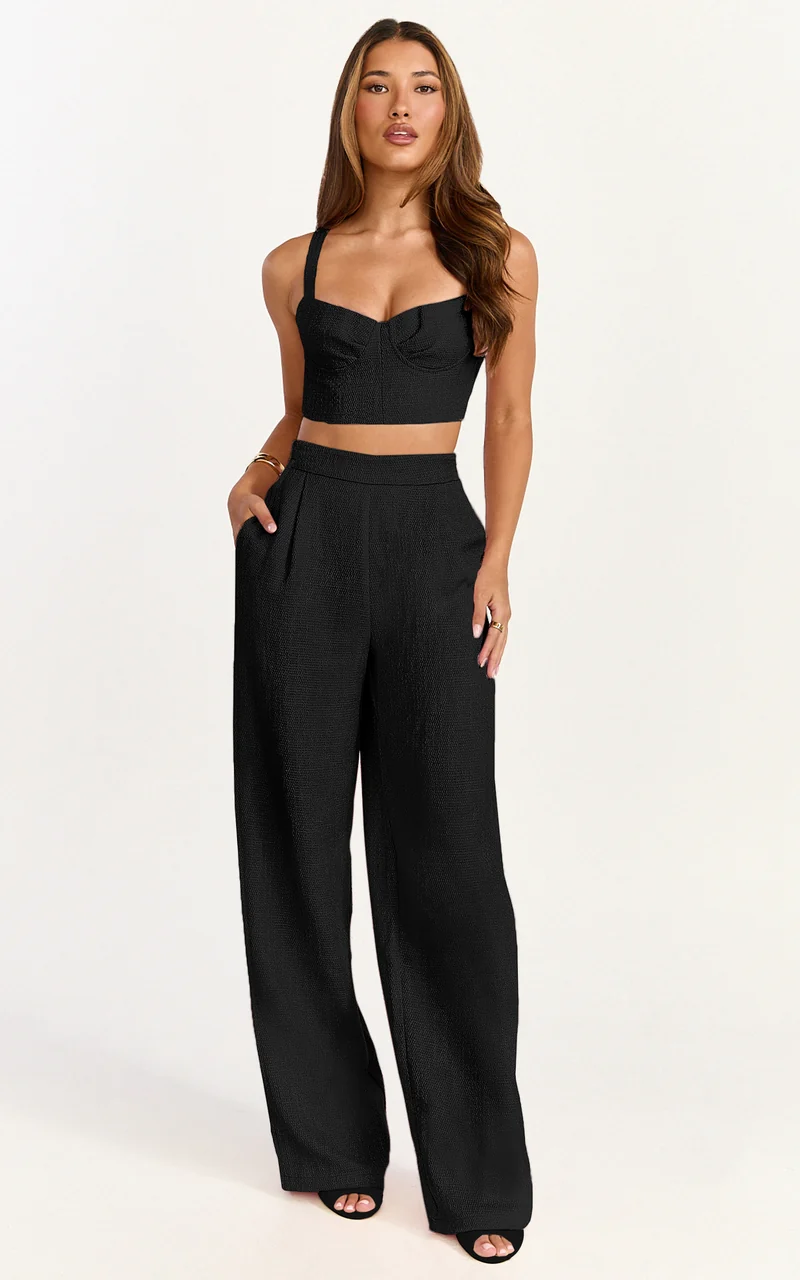 Sylvia Two Piece Set - Corset Top and High Waisted Wide Leg Pants Set in Black