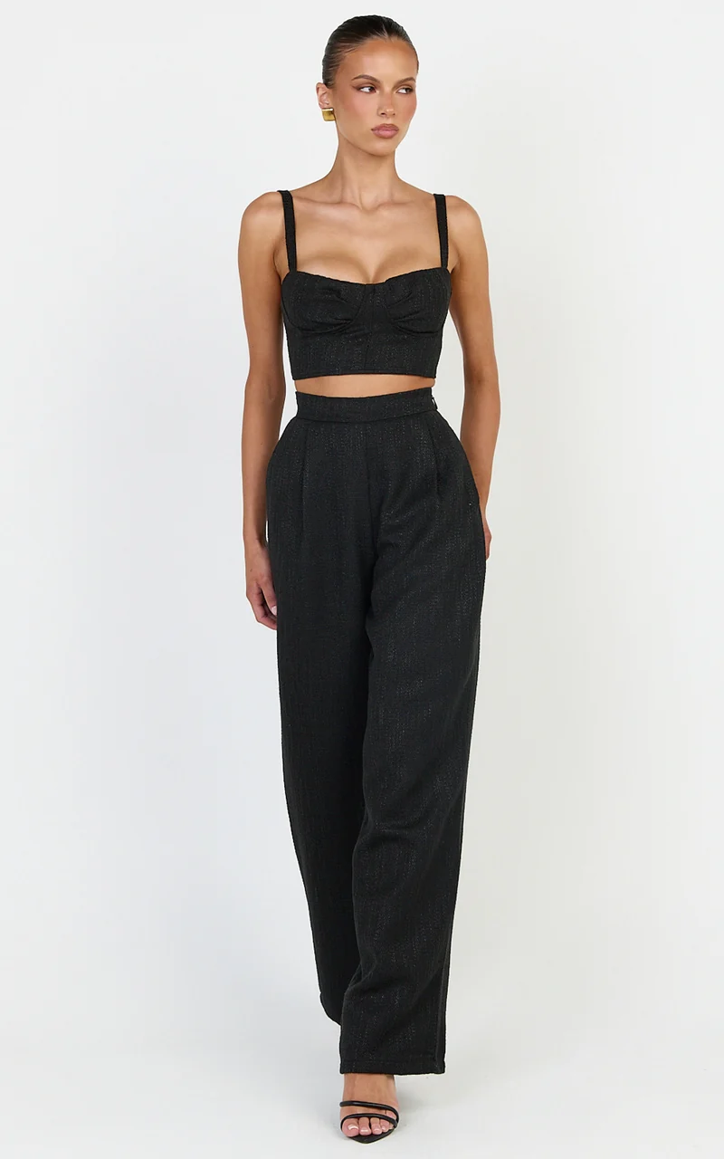 Sylvia Two Piece Set - Corset Top and High Waisted Wide Leg Pants Set in Black