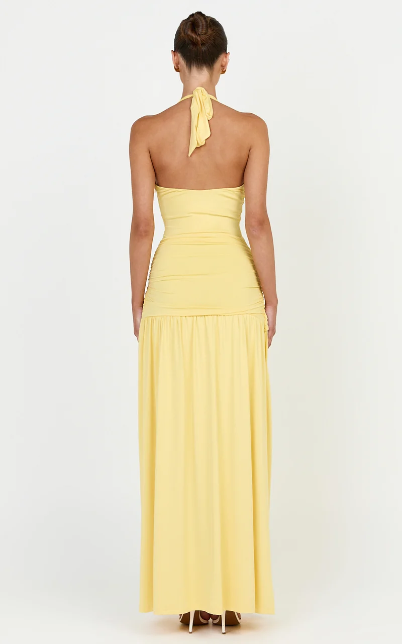 Phoenix Maxi Dress - Halter Neck Gold Trim Jersey Dress in Yellow