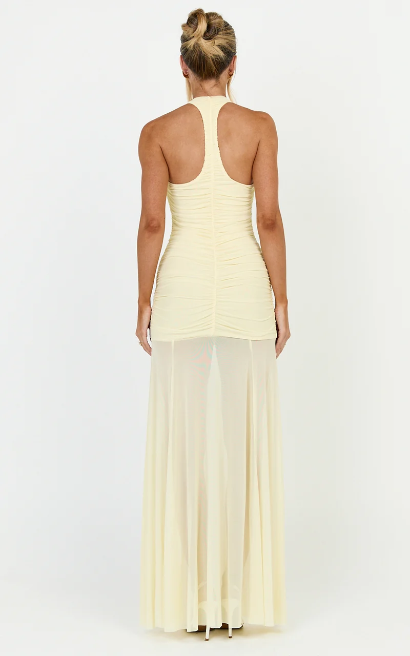Kori Maxi Dress - Ruched Halterneck Mesh Dress With Racer Back in Lemon
