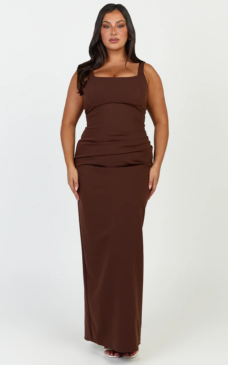 Stormi Maxi Dress - Balconette Bodice Side Split Dress in Chocolate