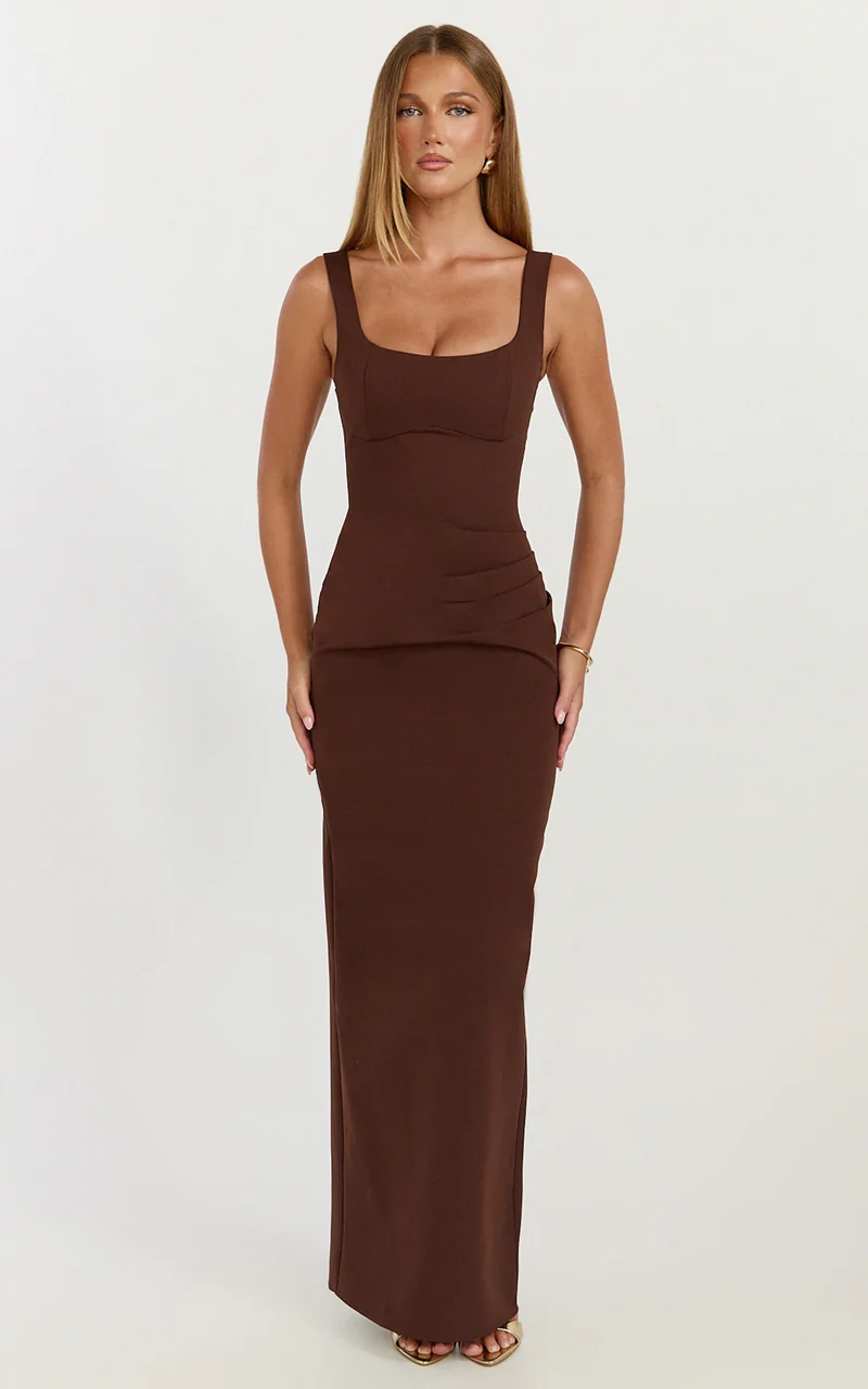 Stormi Maxi Dress - Balconette Bodice Side Split Dress in Chocolate