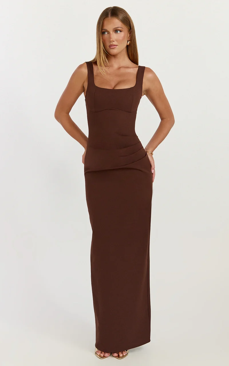 Stormi Maxi Dress - Balconette Bodice Side Split Dress in Chocolate