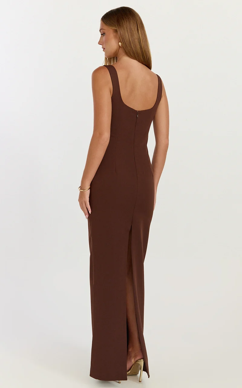 Stormi Maxi Dress - Balconette Bodice Side Split Dress in Chocolate
