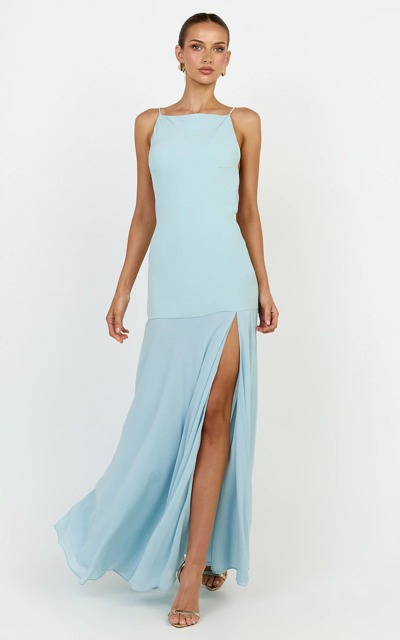Ayla Maxi Dress - High Neckline Contrast Georgette Skirt Dress in Blue