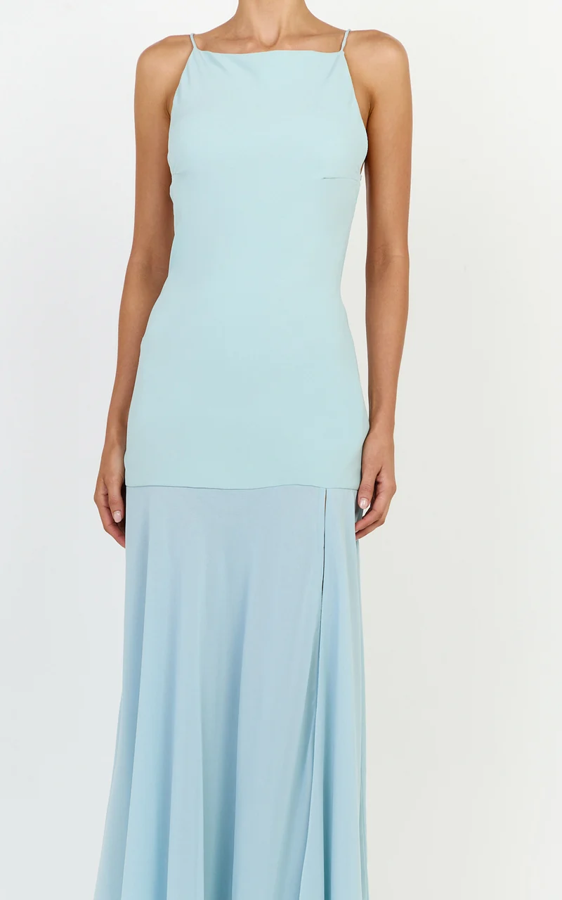 Ayla Maxi Dress - High Neckline Contrast Georgette Skirt Dress in Blue