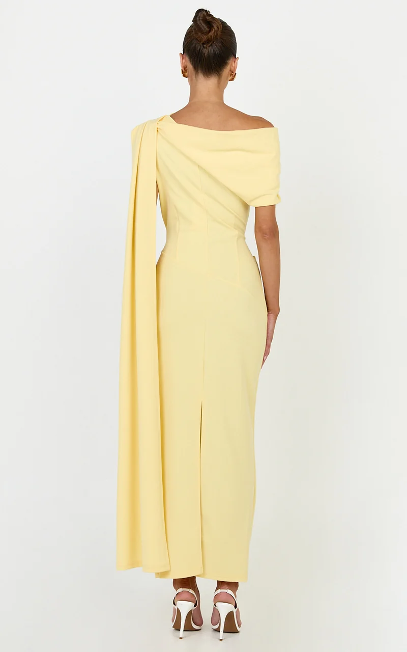 Visenta Midi Dress - Asymmetrical Sleeve Dress in Yellow