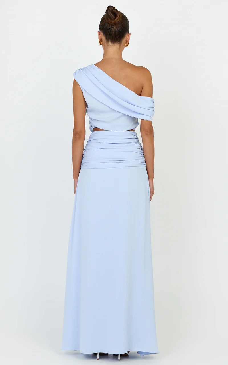 Ayla Two Piece Set - Draped Off Shoulder Top And Maxi Skirt Set in Blue
