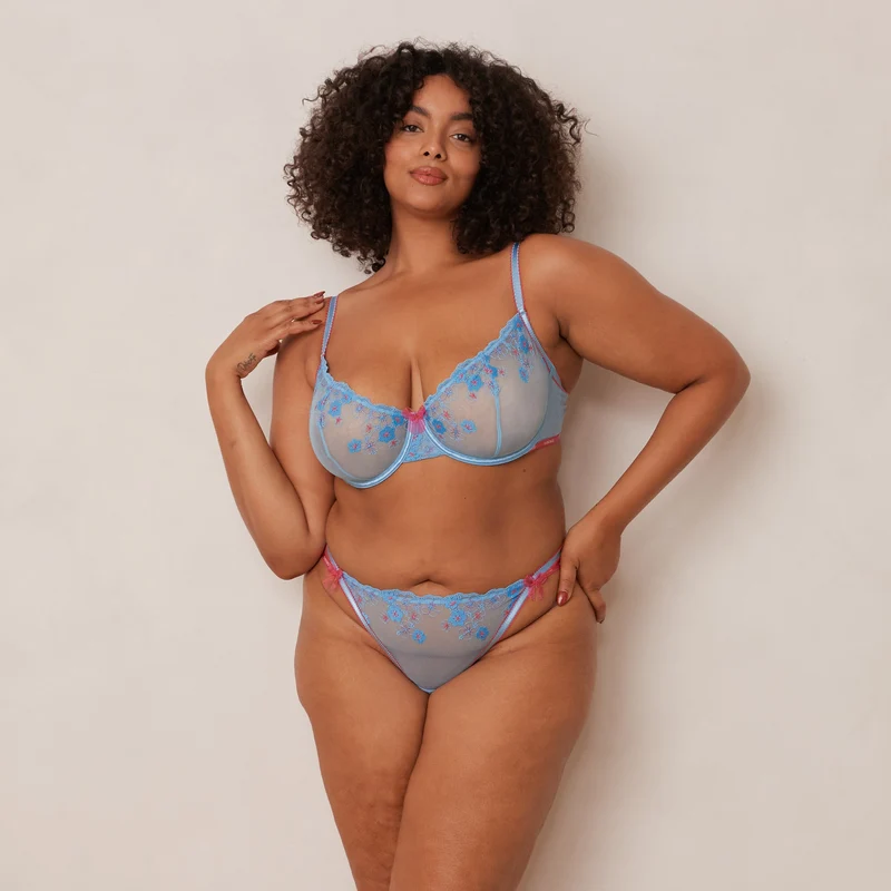 Floral Embroidered Balcony Soutien-Gorge - Bleu