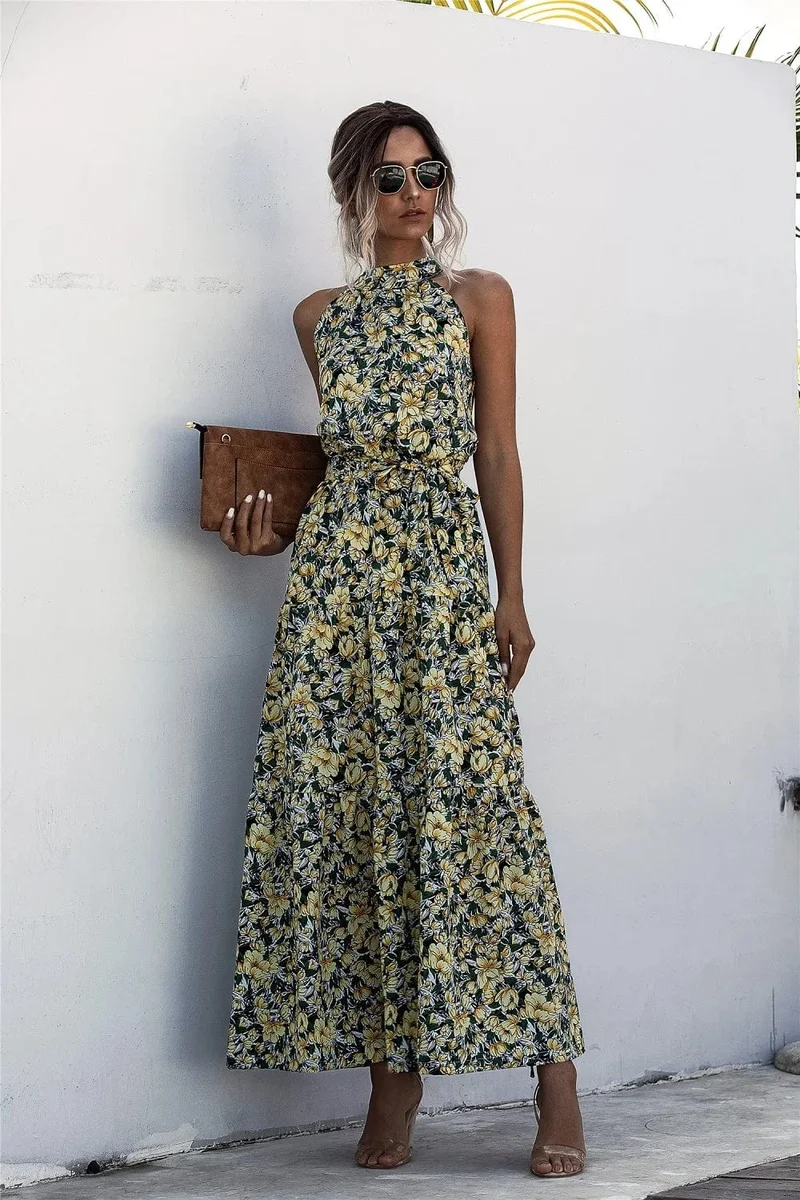 Robe fleurie multicolore longue sans manches