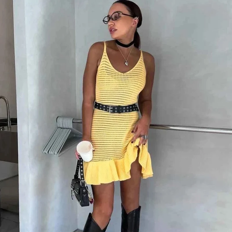 Robe été jaune crochet courte