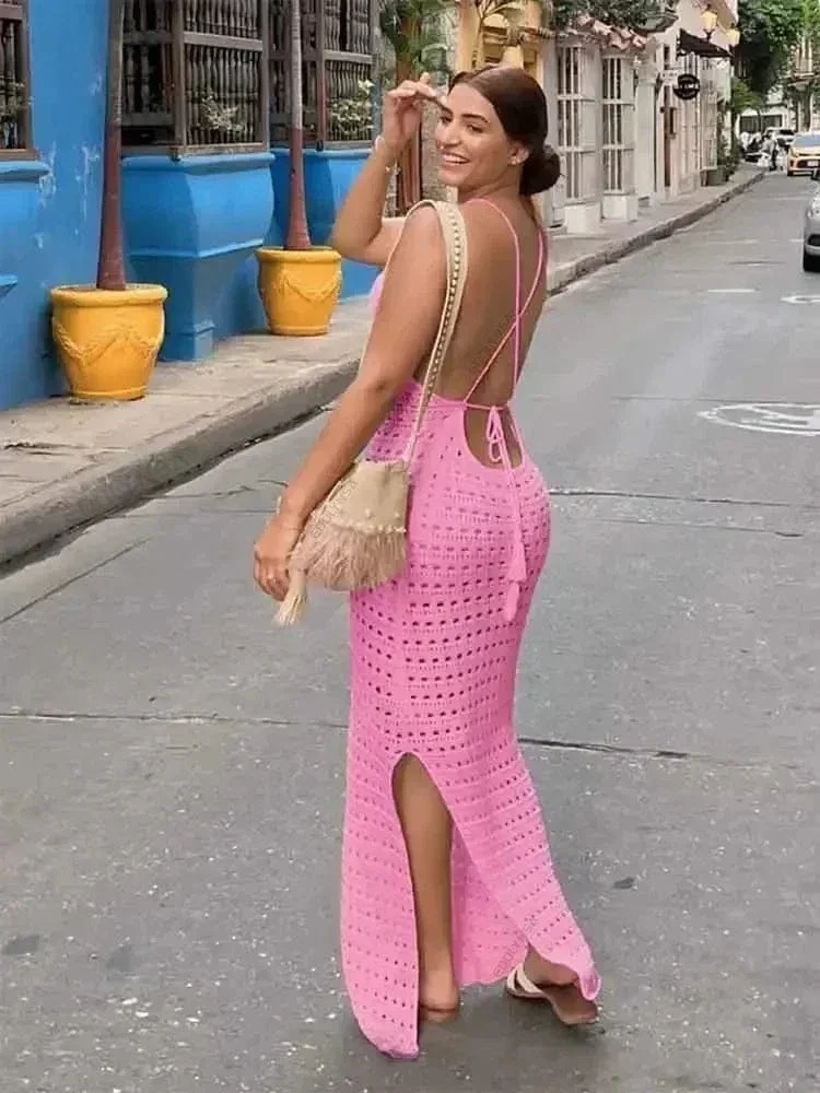 Robe de plage crochet longue fendue dos nu