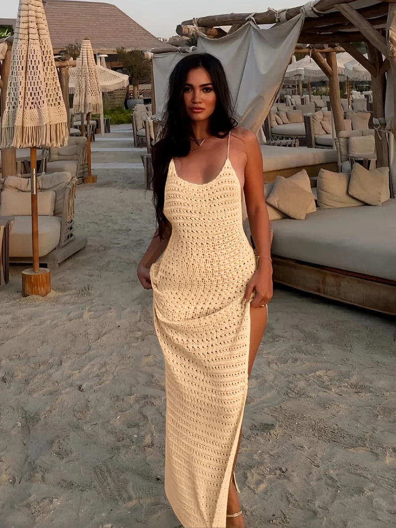 Robe de plage crochet longue fendue dos nu