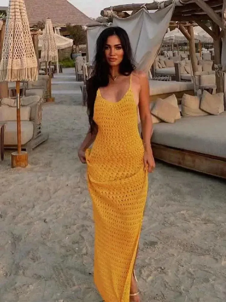 Robe de plage crochet longue fendue dos nu