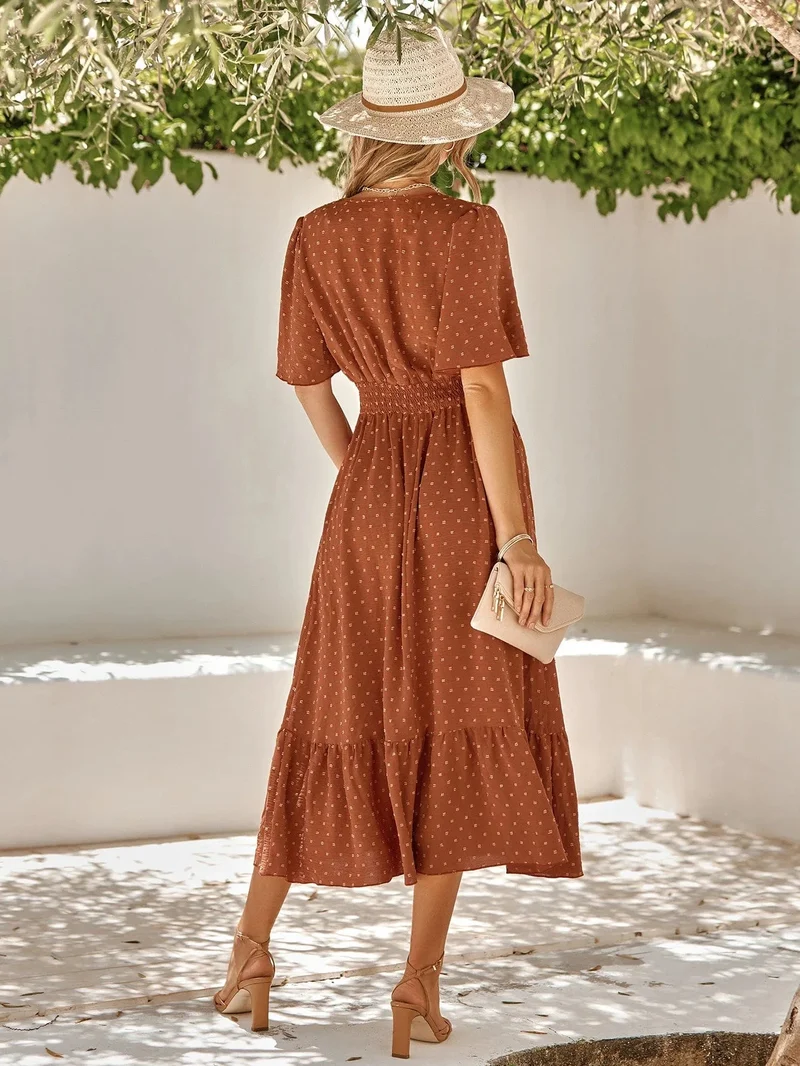 Robe bohème midi fluide manches courtes