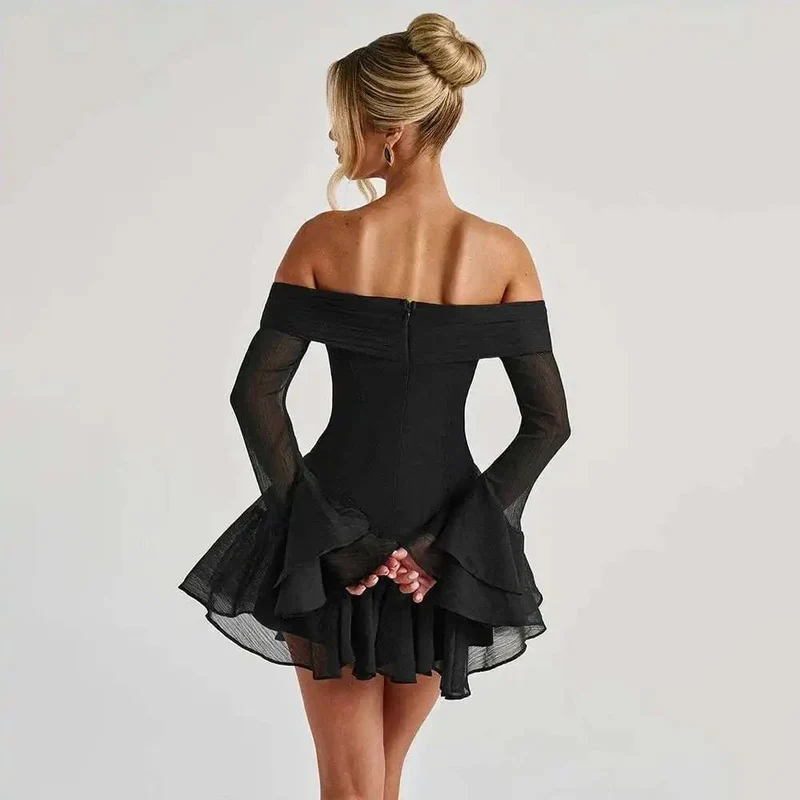 Robe de soirée courte patineuse manches longues