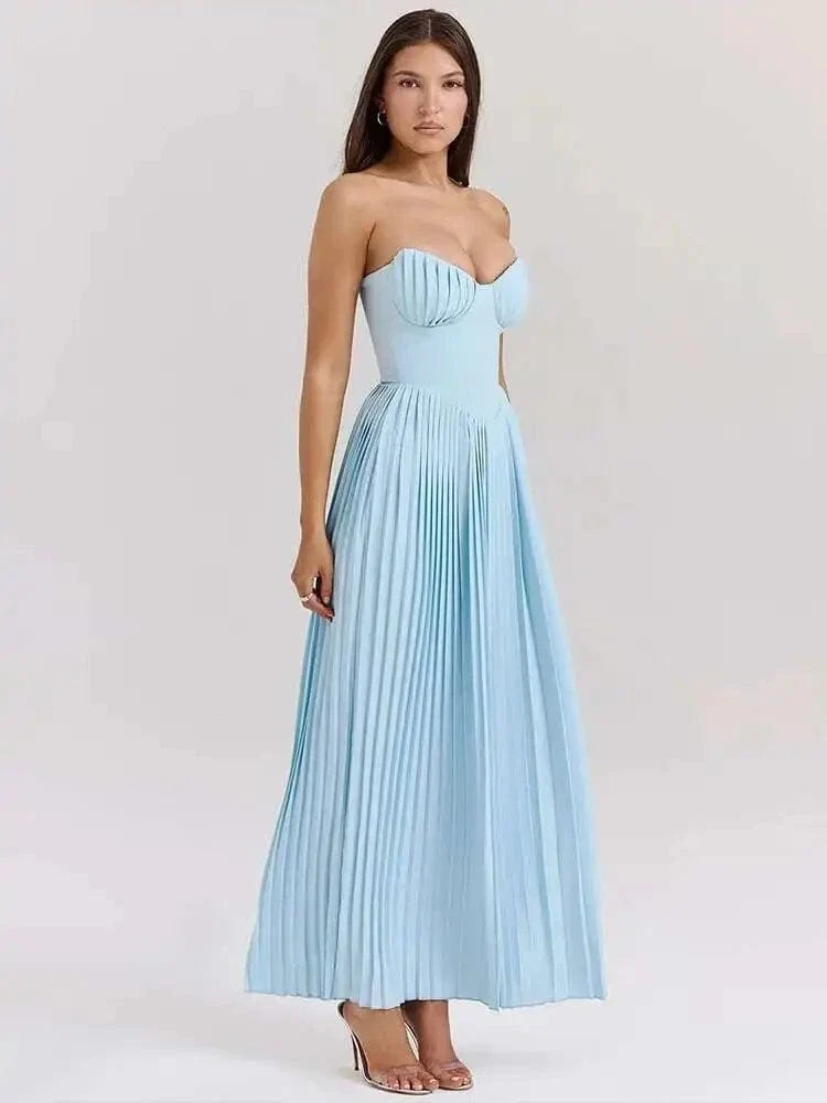 Robe bustier bleue plissée longue