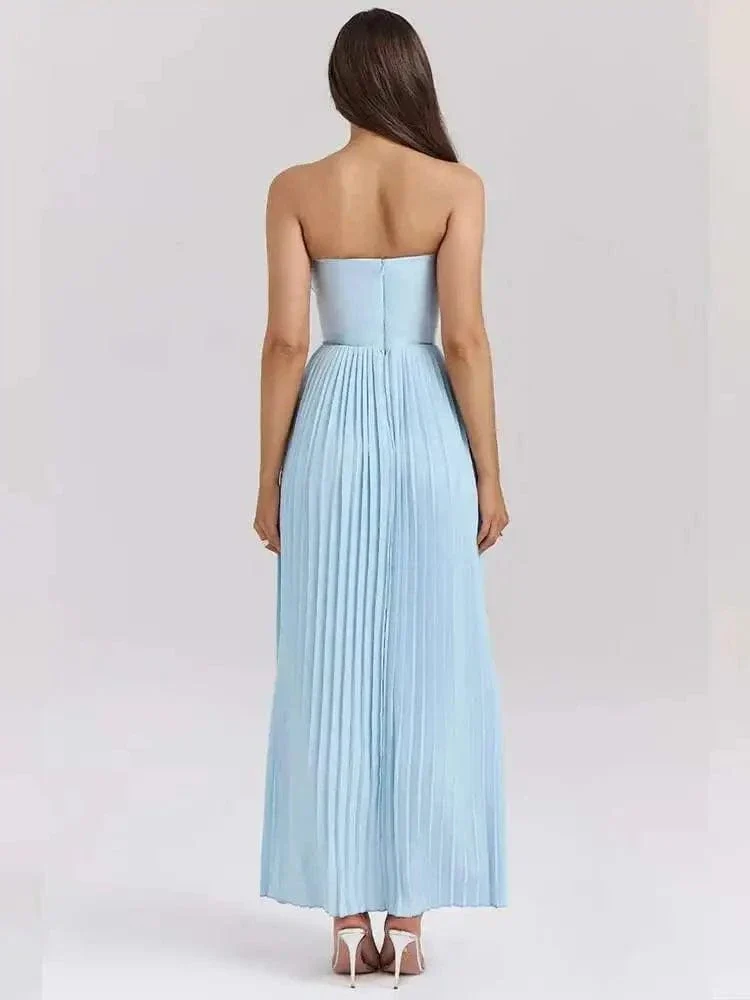 Robe bustier bleue plissée longue
