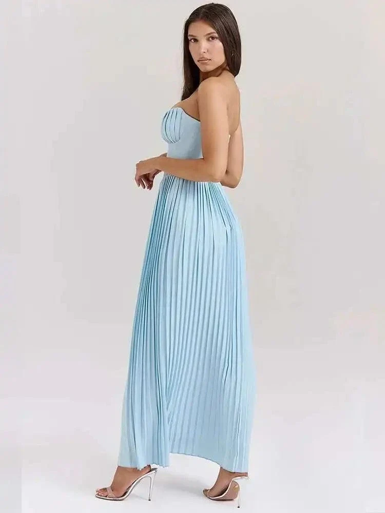 Robe bustier bleue plissée longue