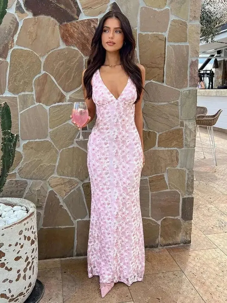 Robe de soirée fleurie longue dos nu
