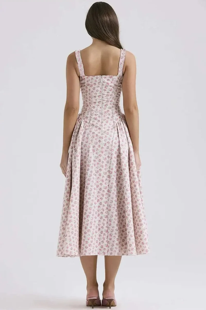 Robe midi évasée fleurie col carré