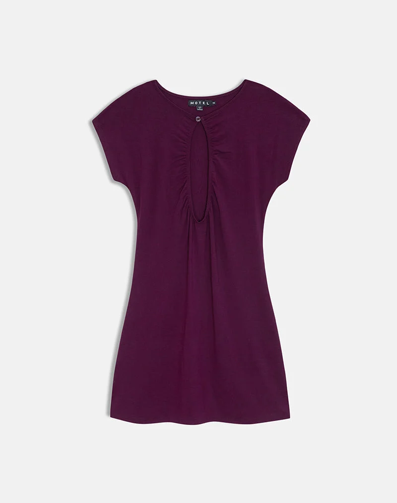 Mini-robe froncée à encolure en trou de serrure Adison, en jersey de rayonne, couleur figue