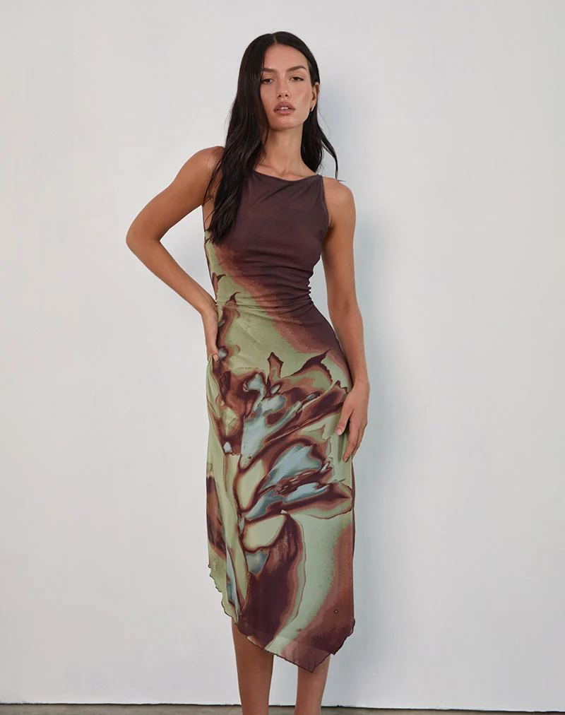 Aysun Midi Dress in Lumen Mesh Brown (robe midi en maille lumineuse)