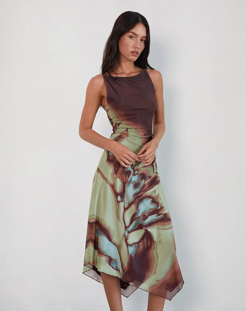 Aysun Midi Dress in Lumen Mesh Brown (robe midi en maille lumineuse)