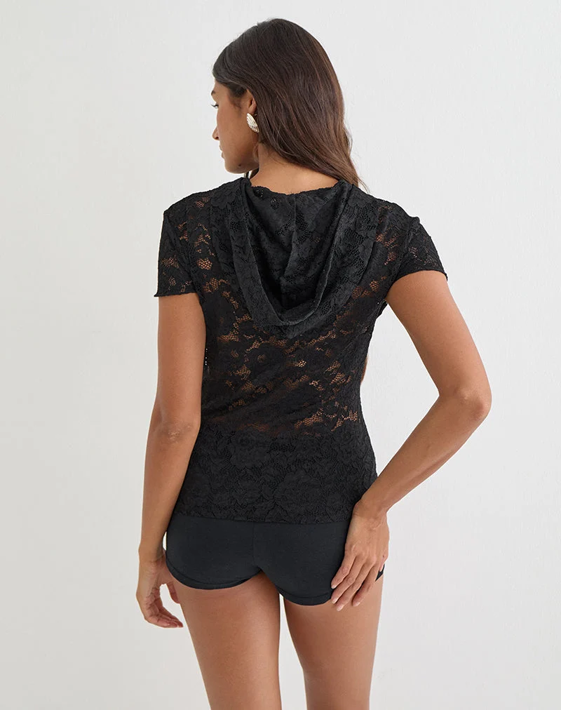 Haut à capuche Axelle en dentelle à motifs floraux, noir