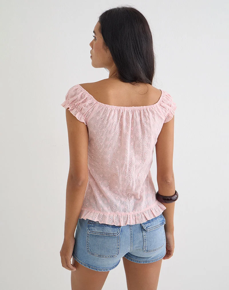 Haut boutonné Shiku, couleur rose broderie