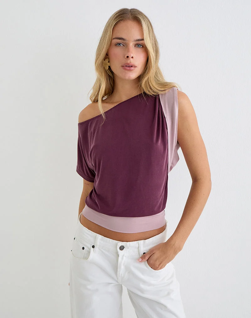 Haut à une épaule Sobiya en cupro, violet foncé et rose poudré
